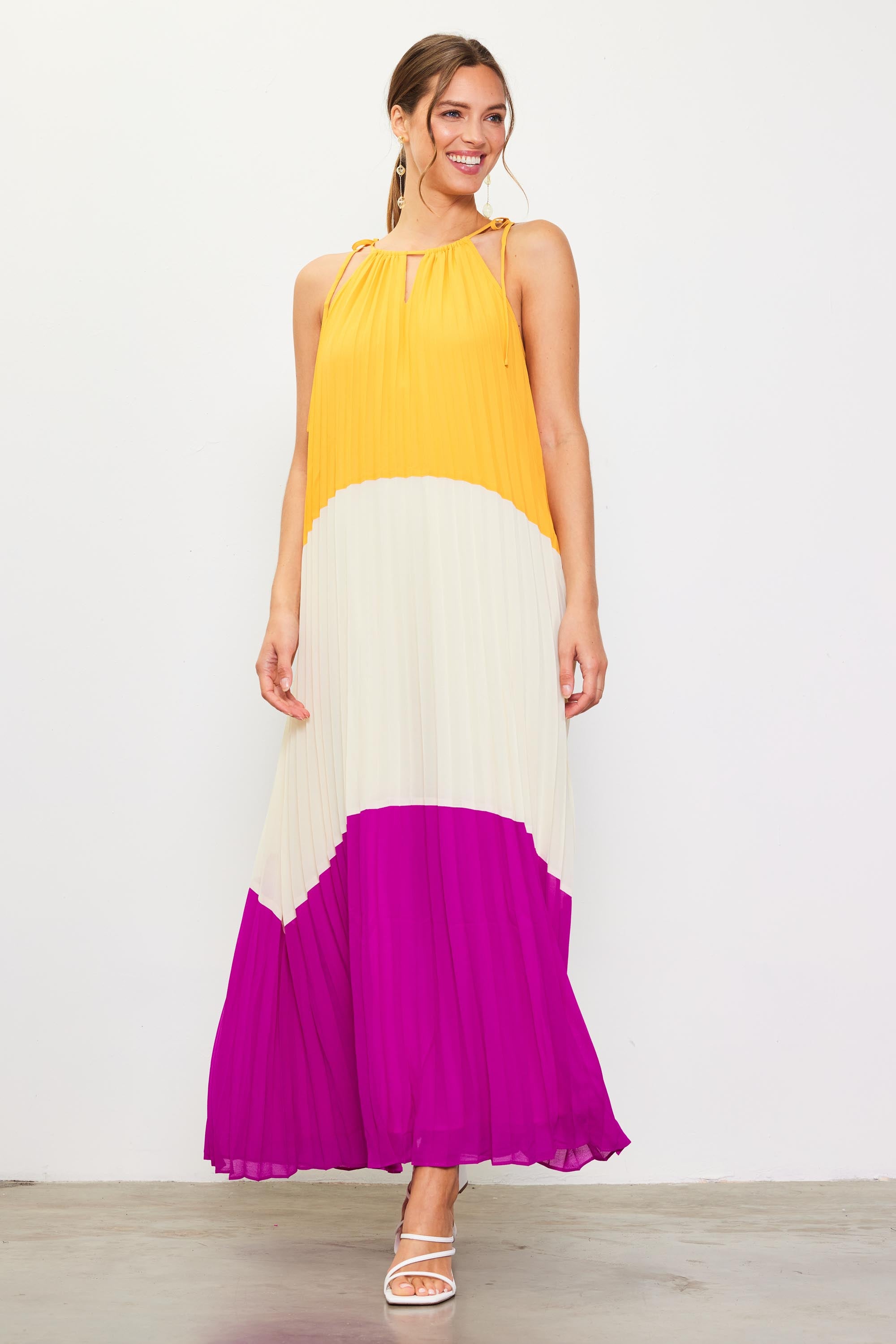 Pleated Color Block Maxi Dress SKIES ARE BLUE