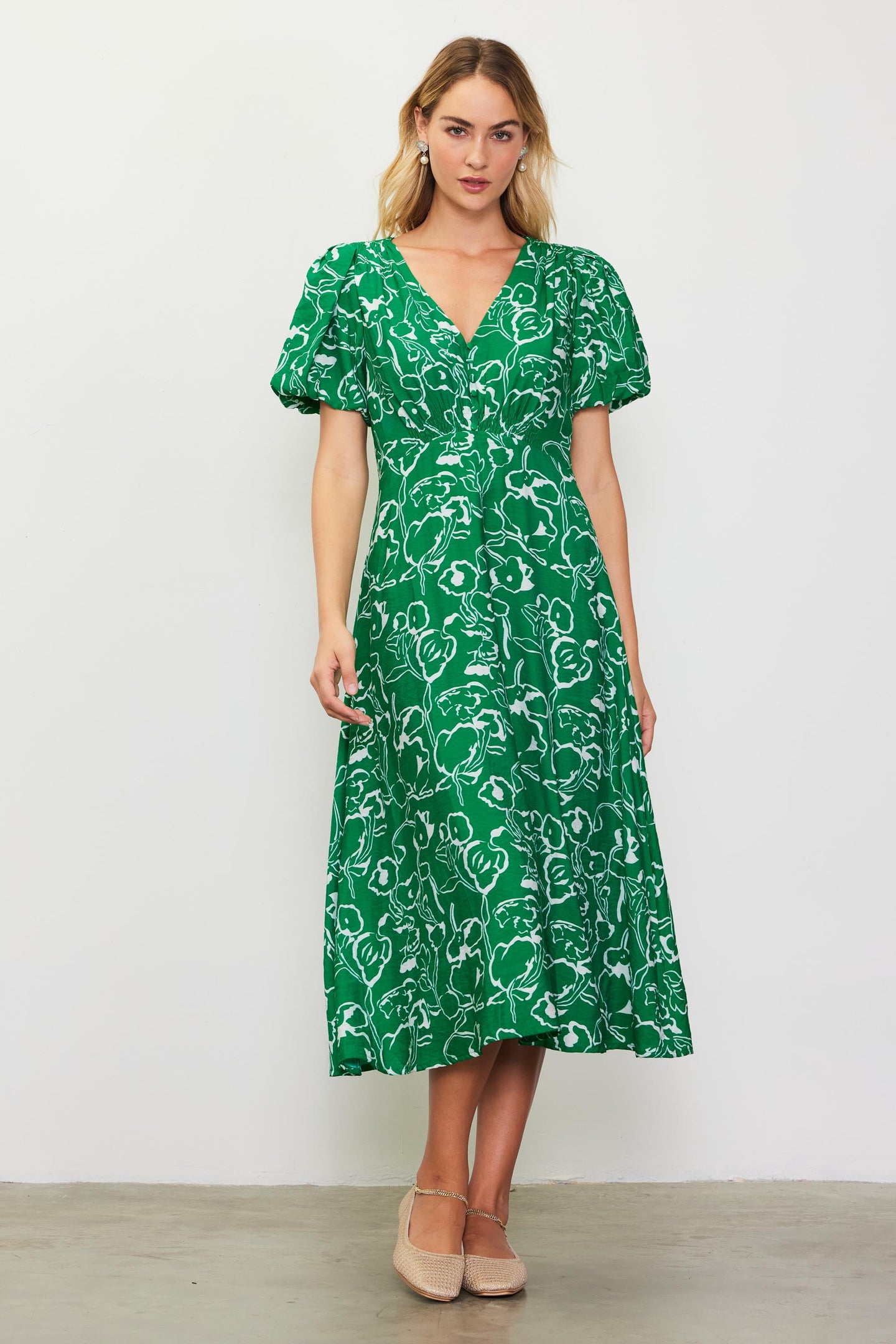Shirred Shoulder Print Midi Dress