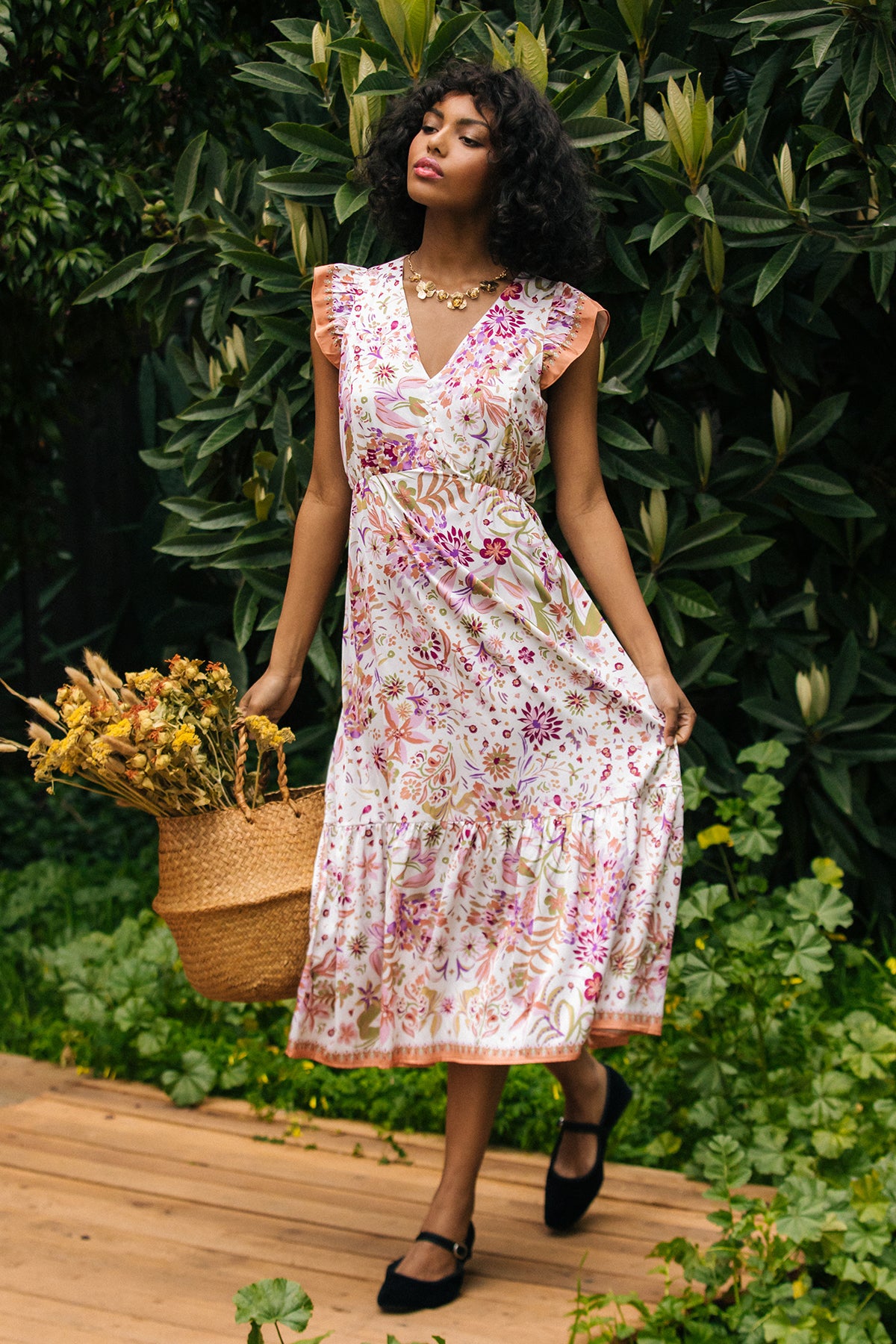 Magnolia Border Print Flutter Sleeve Dress SKIES ARE BLUE