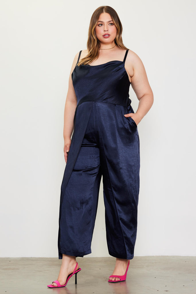 Plus Size - Cowl Neckline Satin Jumpsuit