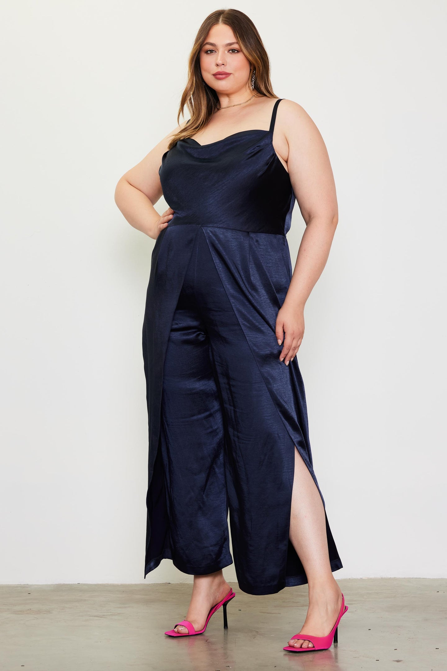 Plus Size Cowl Neckline Satin Jumpsuit SKIES ARE BLUE