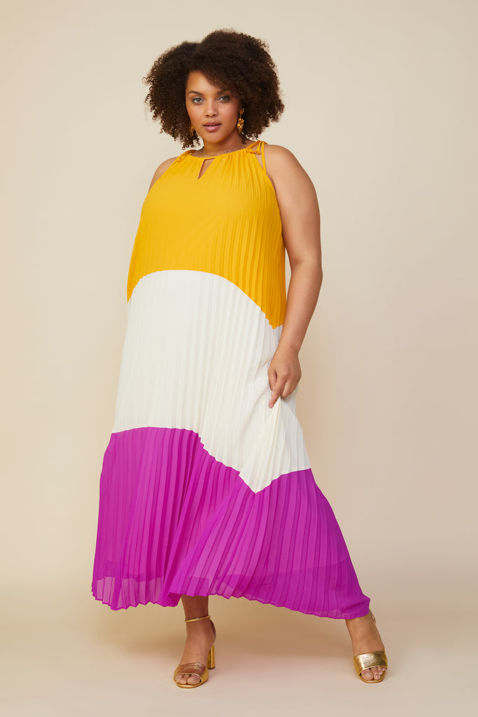 Plus Size - Pleated Color Block Maxi Dress