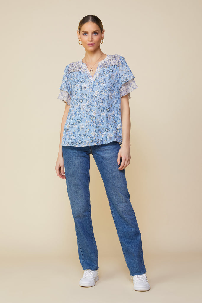 Aster Print Ruffled Detail Contrast Top