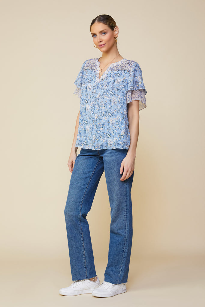 Aster Print Ruffled Detail Contrast Top