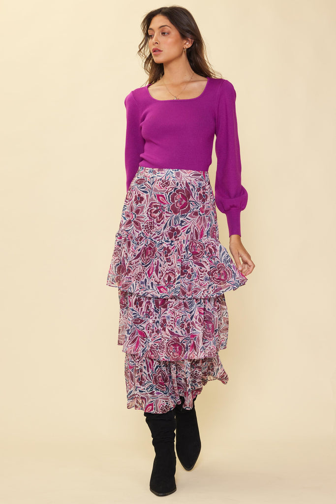 Anemone Print Ruffle Midi Skirt