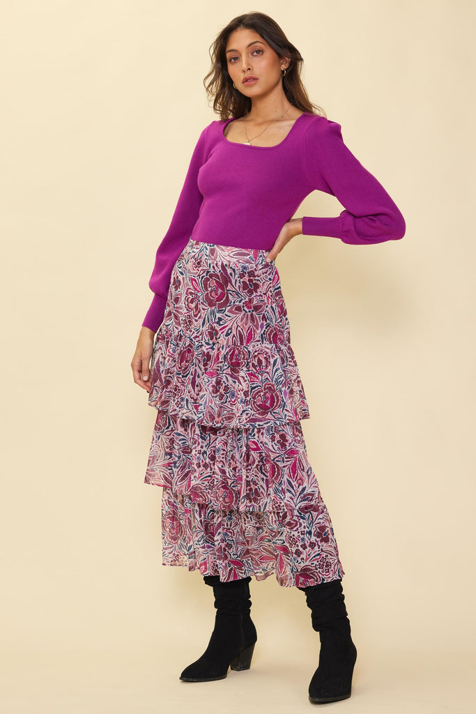 Anemone Print Ruffle Midi Skirt