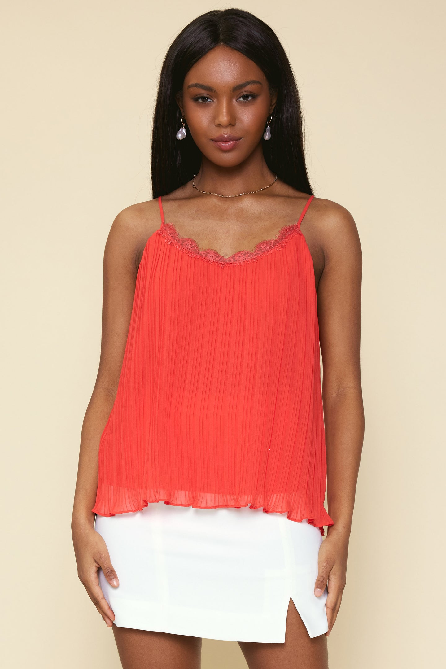 Pleated Lace Detail Cami Top