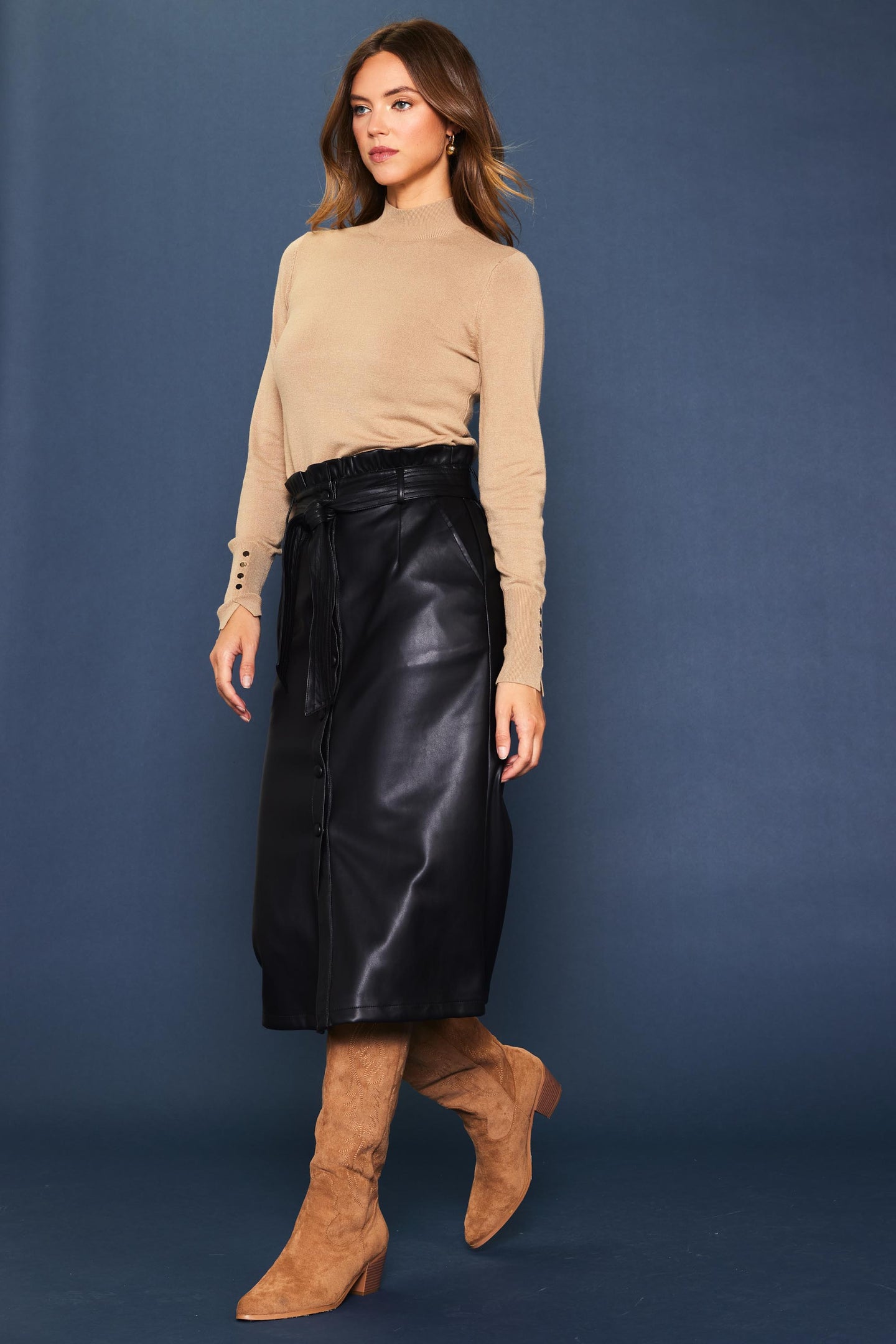 Vegan Leather Front Tie Midi Skirt