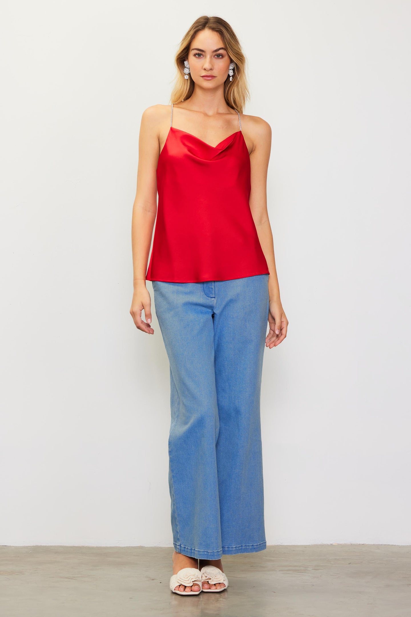 Rhinestone Straps Cowl Halter Cami