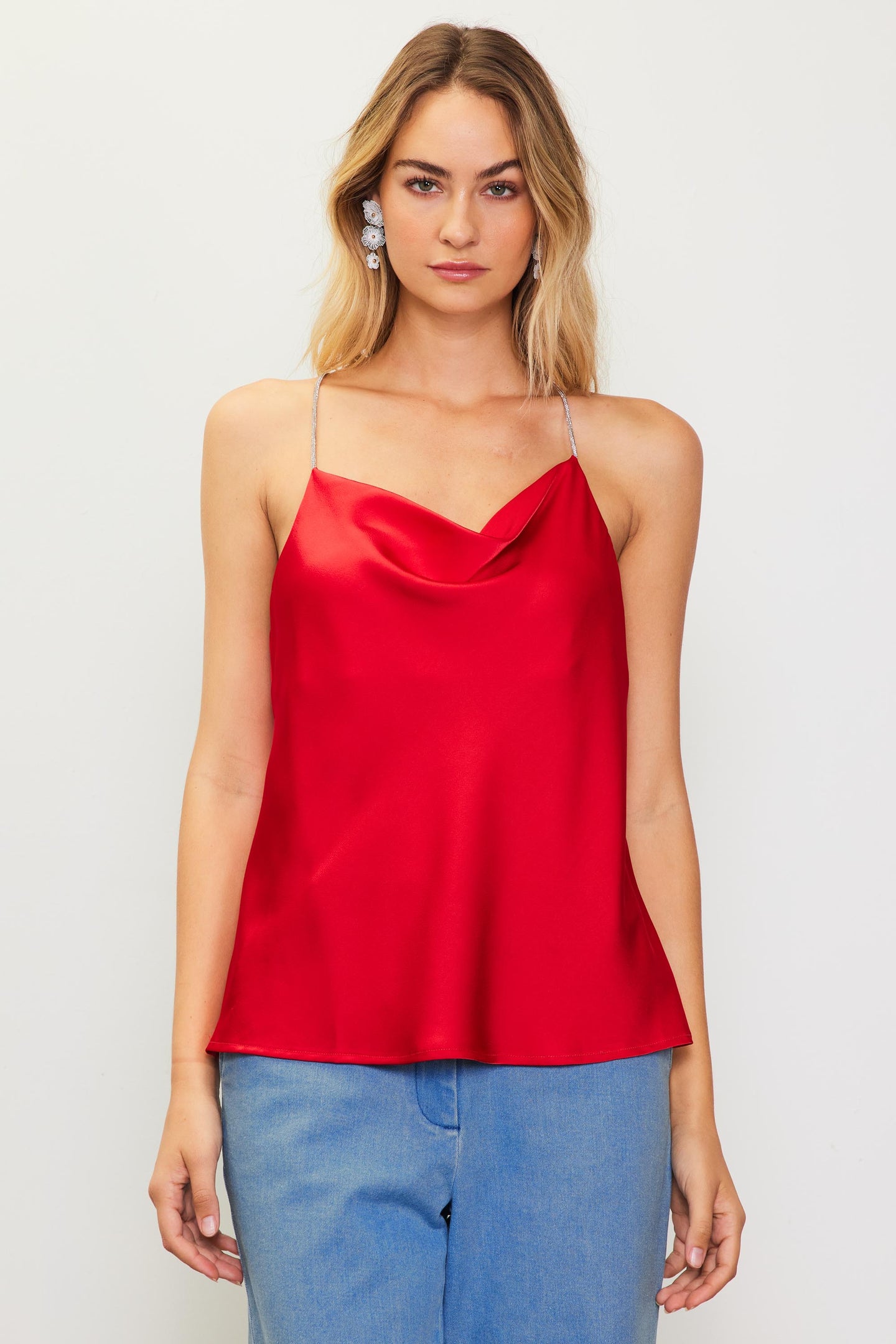 Rhinestone Straps Cowl Halter Cami