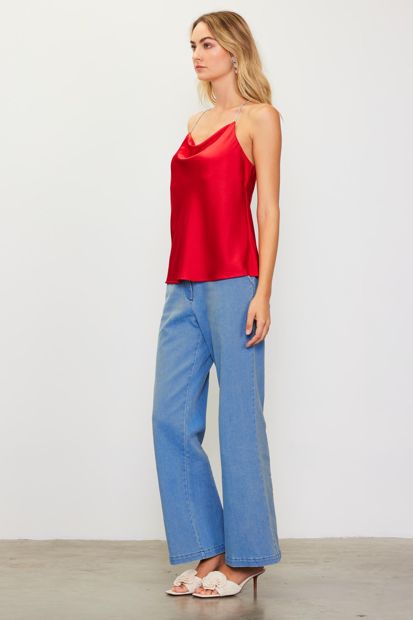 Rhinestone Straps Cowl Halter Cami