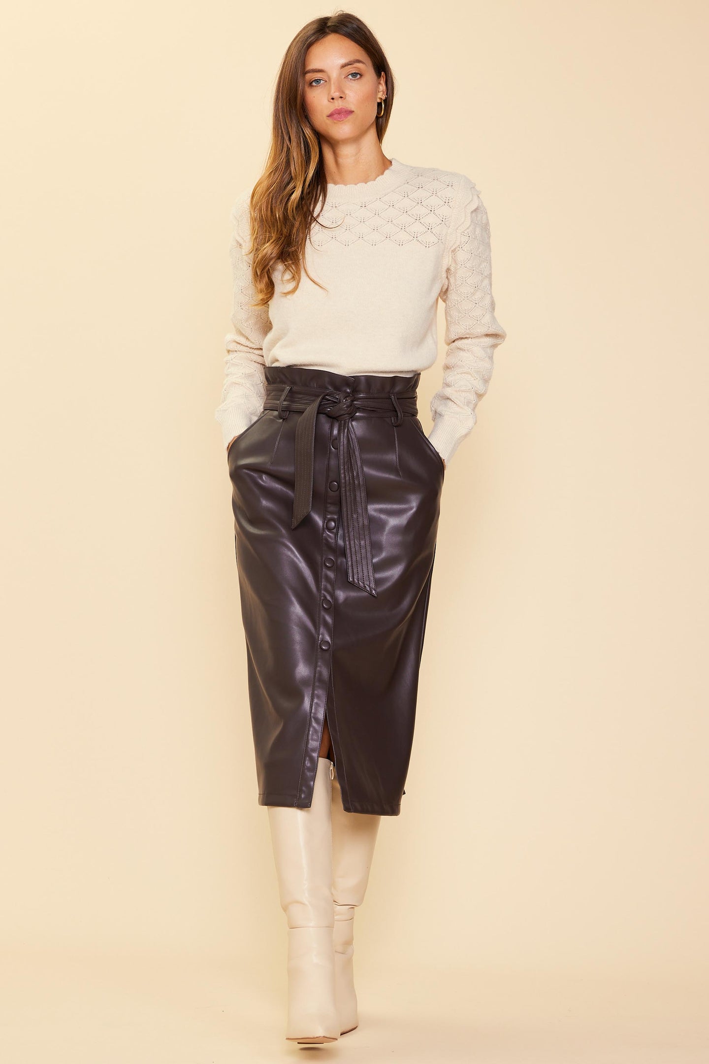 Vegan Leather Front Tie Midi Skirt