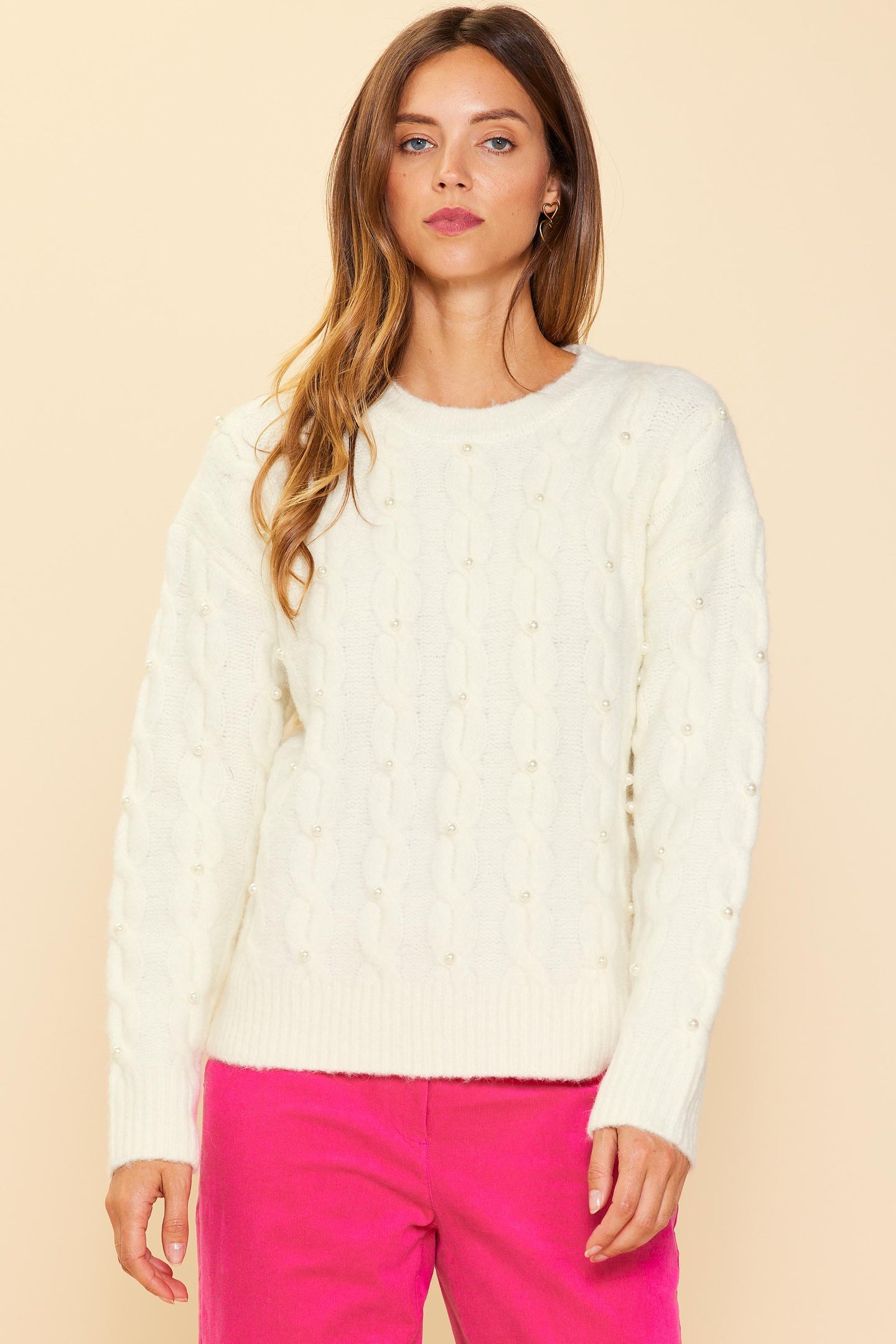 Pearl Detail Cable Knit Sweater