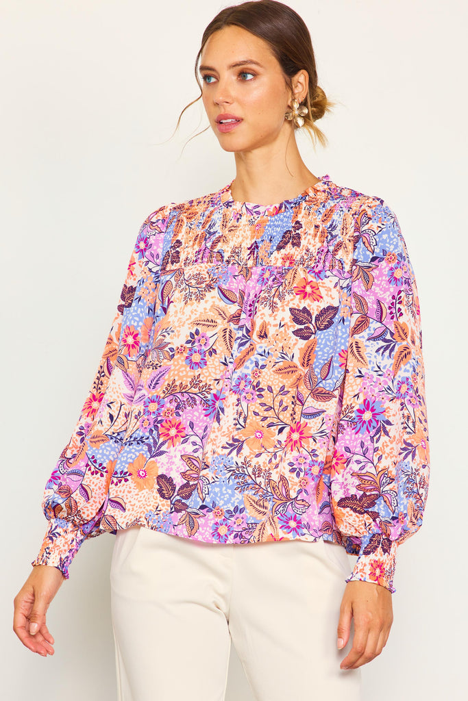 Dahlia Print Smocked Neckline Top