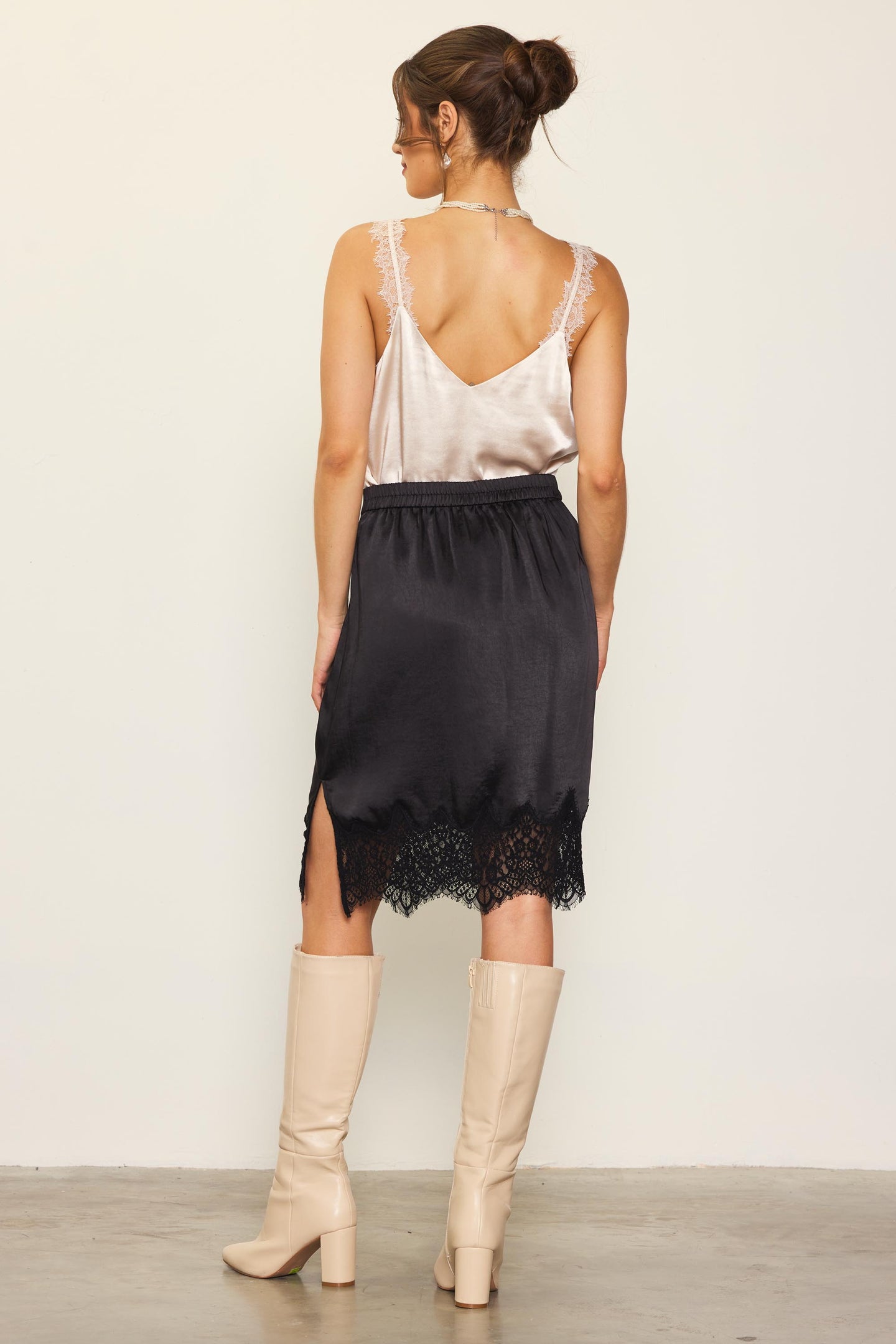 Lace Trim Satin Midi Skirt