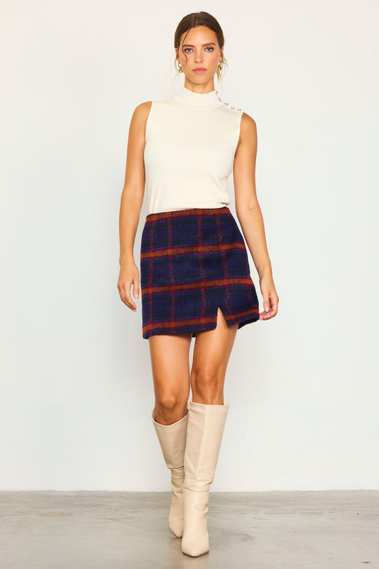 Plaid Front Slit Mini Skirt