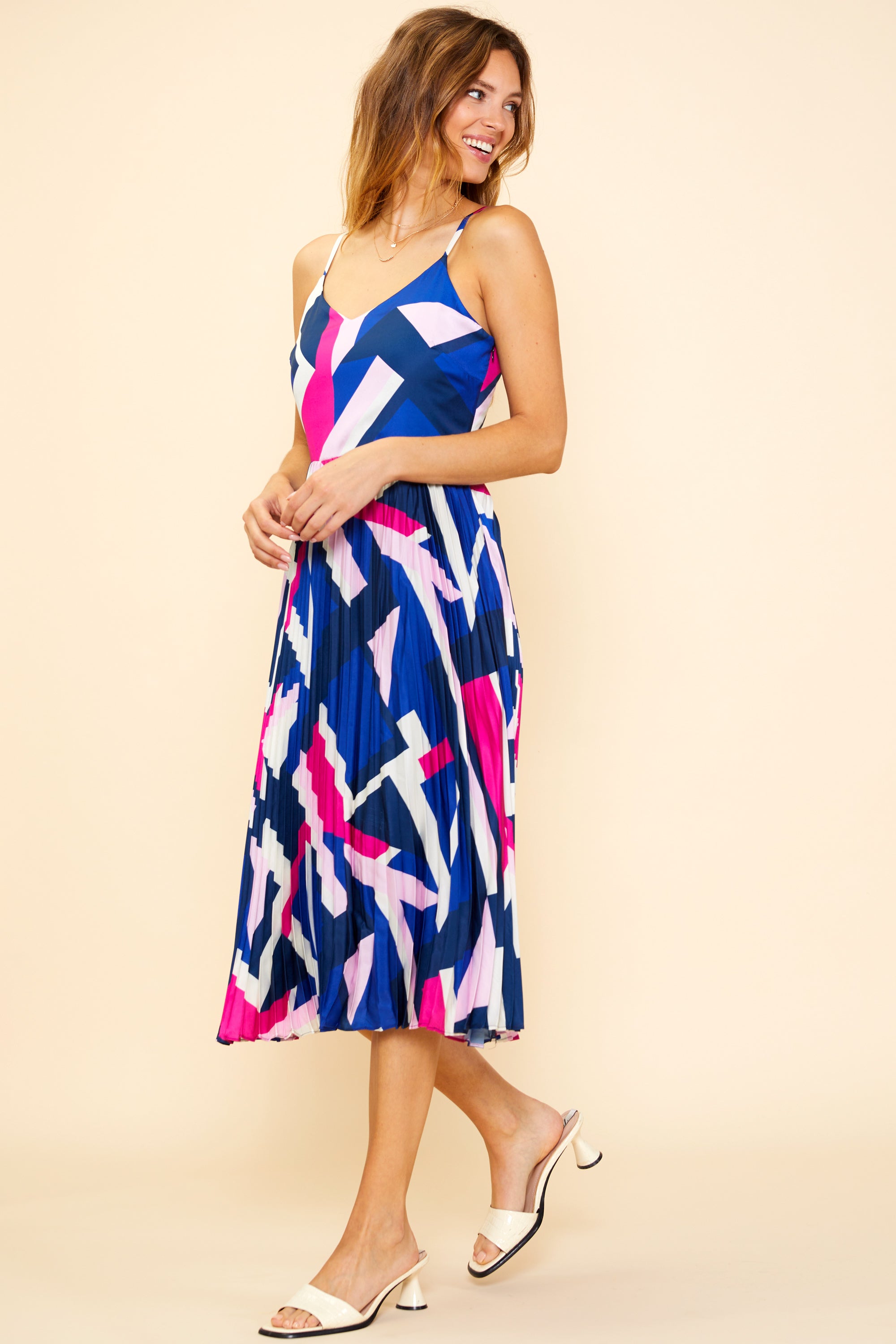 Geo Print Pleated Midi Dress