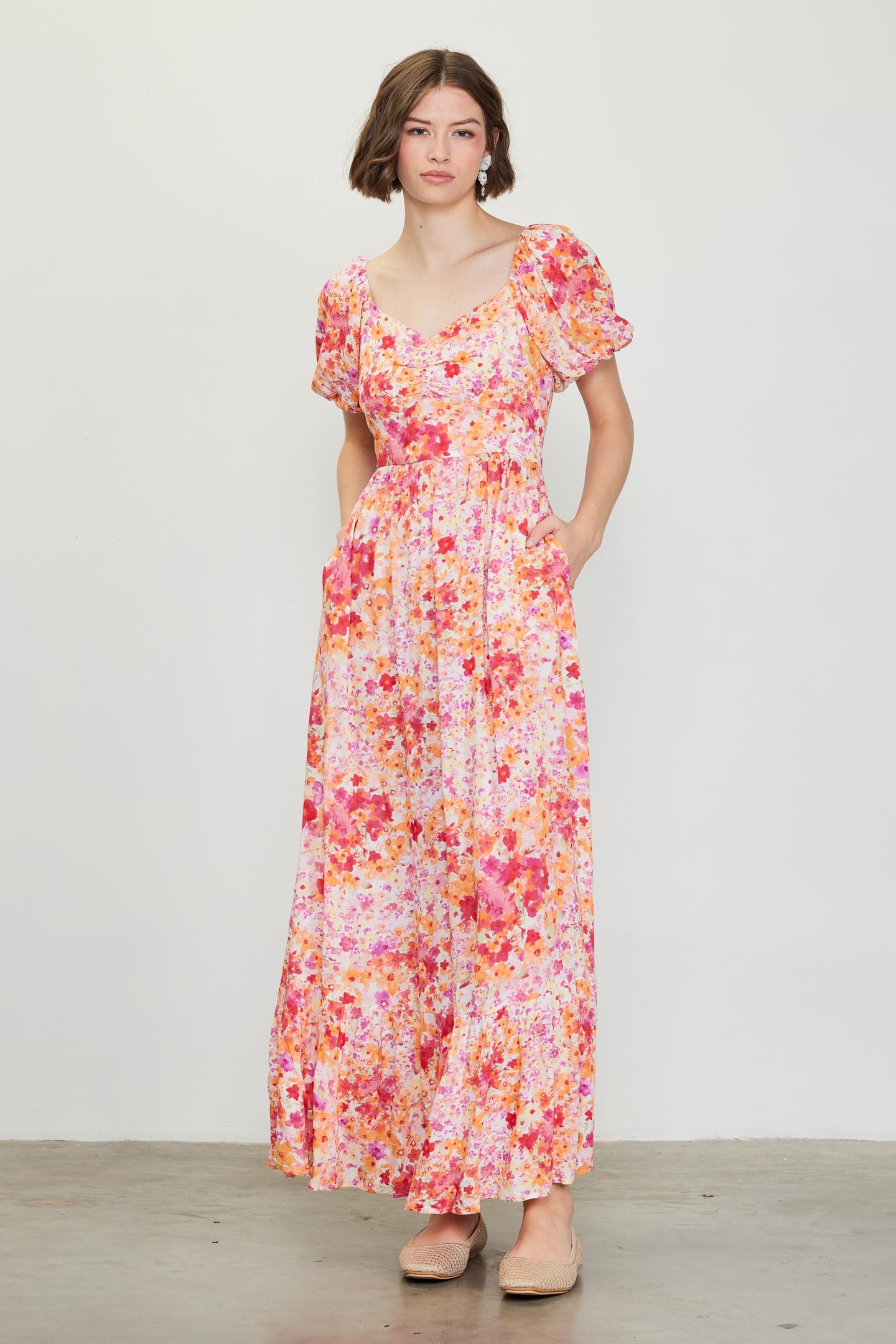 Peachy Floral Print Maxi Dress