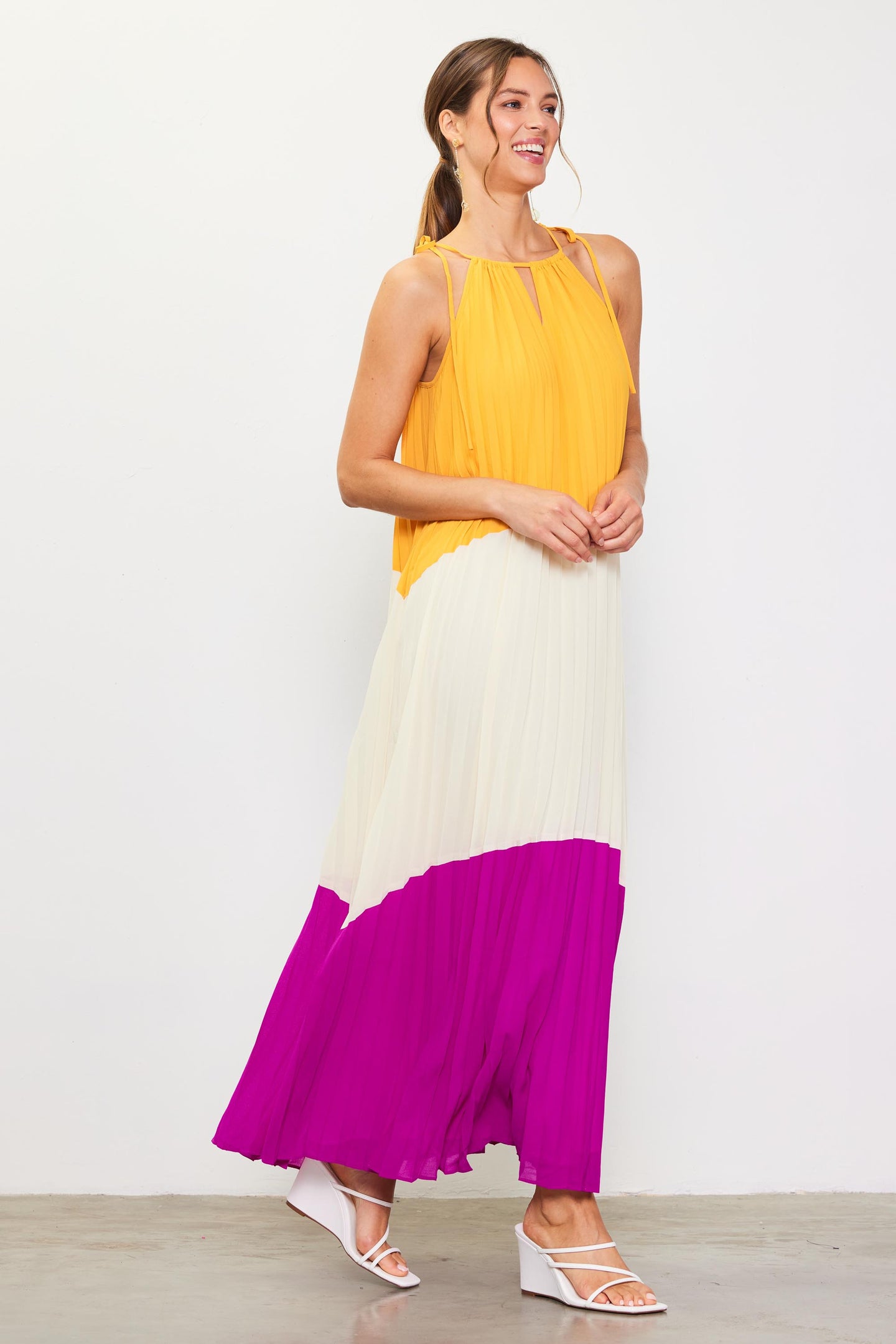 Pleated Color Block Maxi Dress