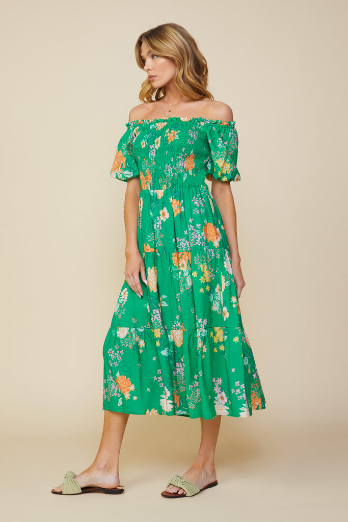 Fleur Print Off Shoulder Midi Dress