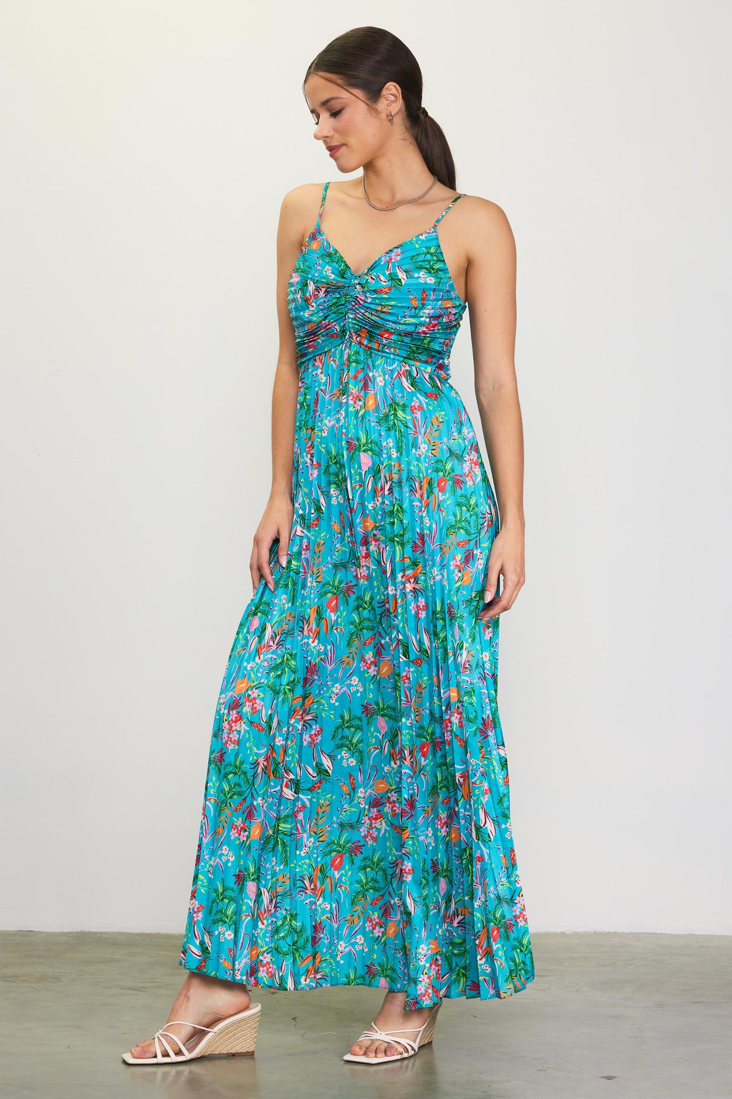 Ariel Tropical Print Pleated Maxi Dress
