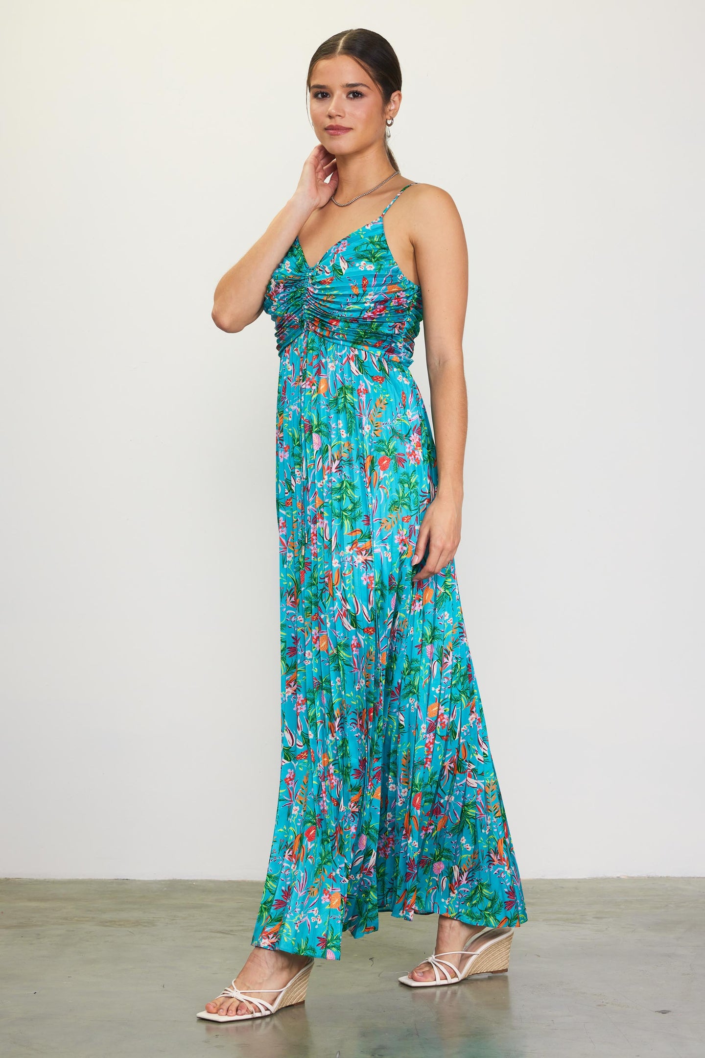 Ariel Tropical Print Pleated Maxi Dress