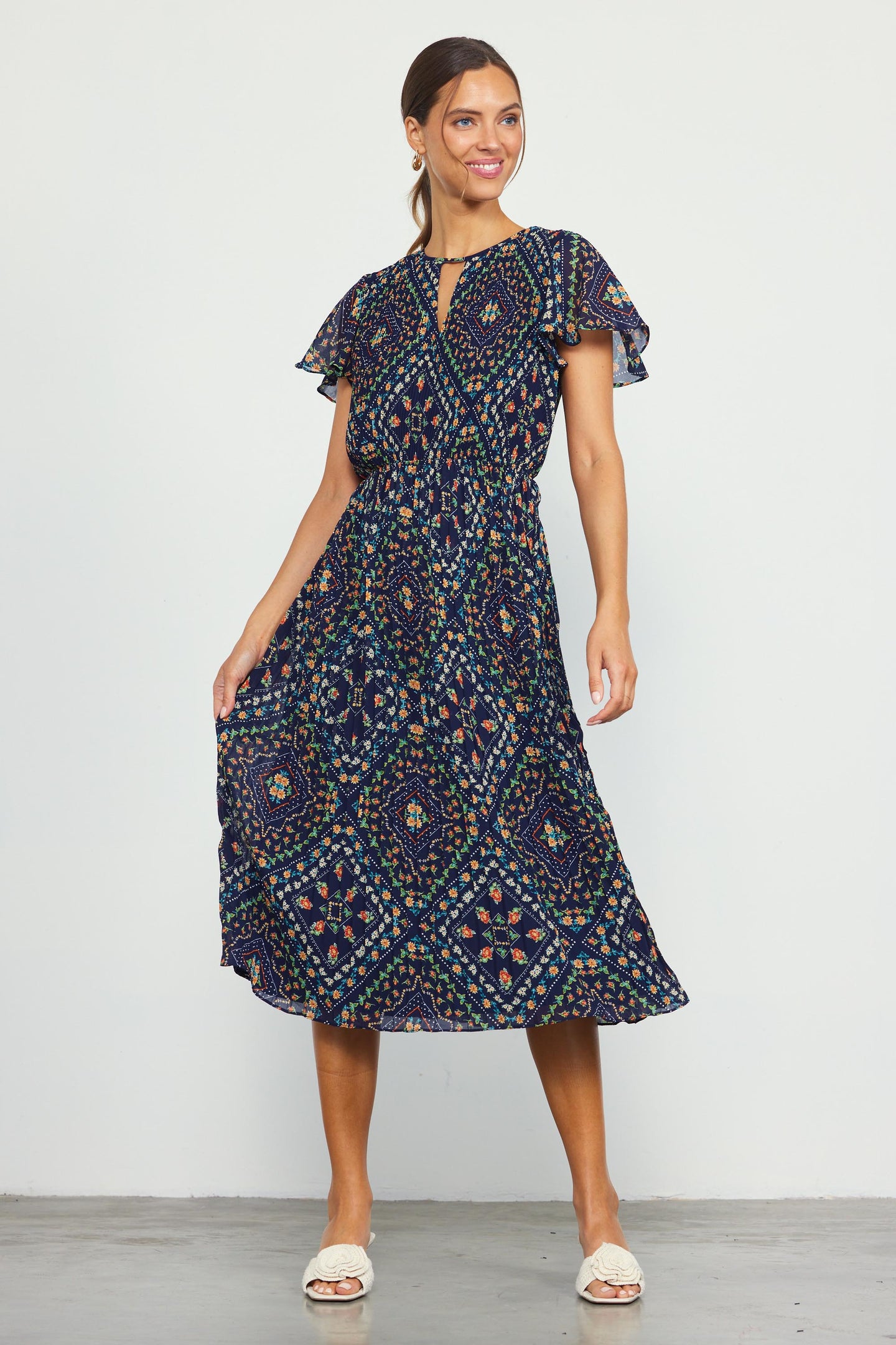 Floral Print Pleated Midi Dress