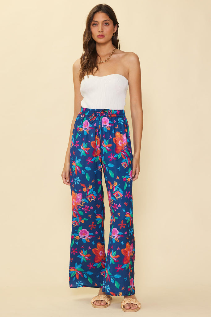 Aquatic Floral Elastic Waist Pants