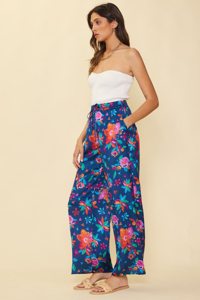 Aquatic Floral Elastic Waist Pants
