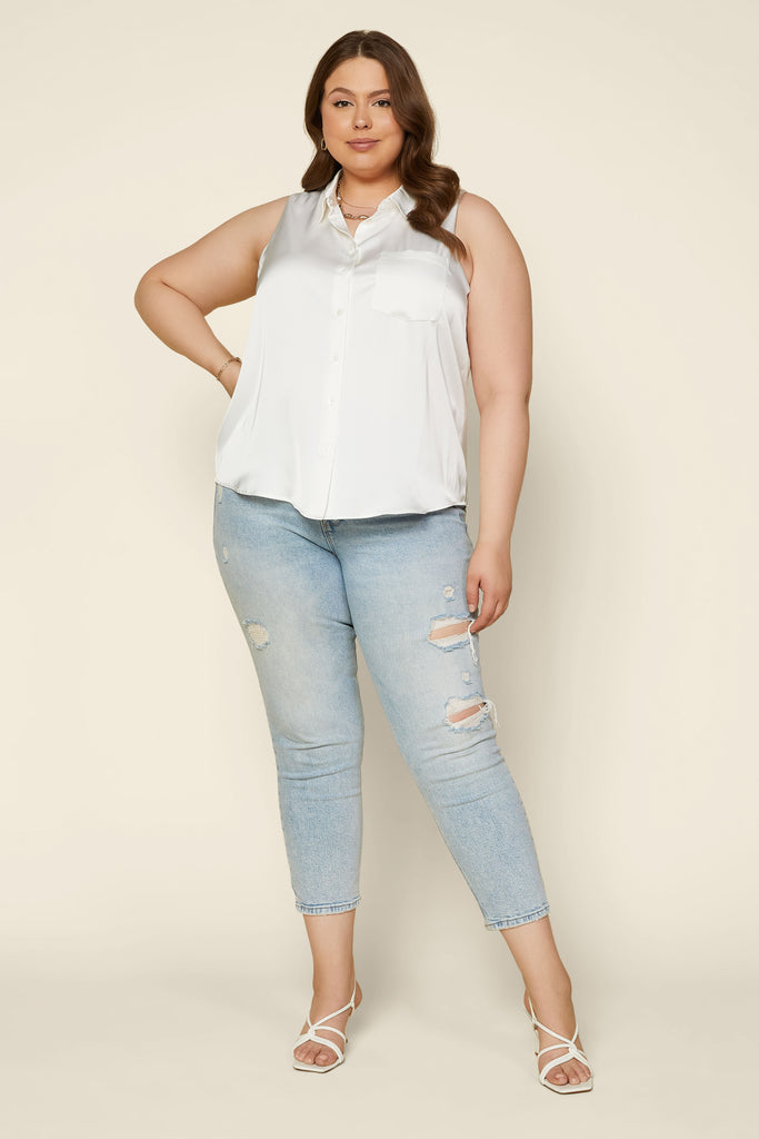 Plus Size - Sleeveless Button Down Top