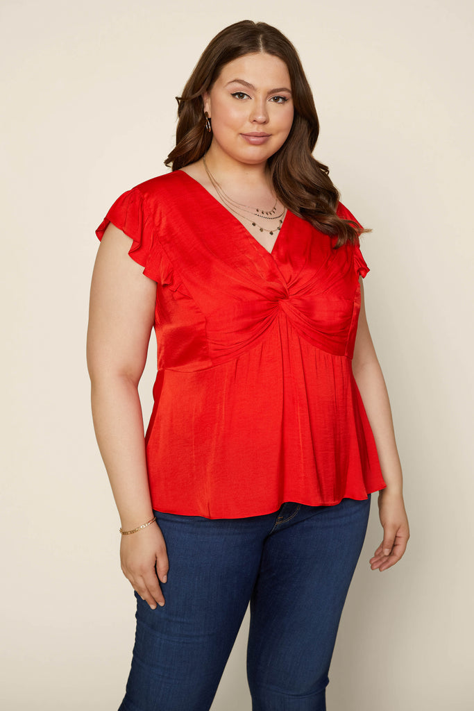 Plus Size - Knotted Flutter Sleeve Top
