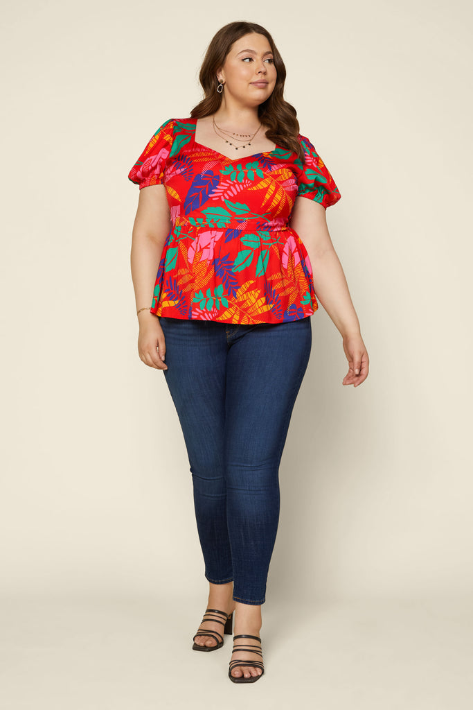 Plus Size - Tropical Print Peplum Top