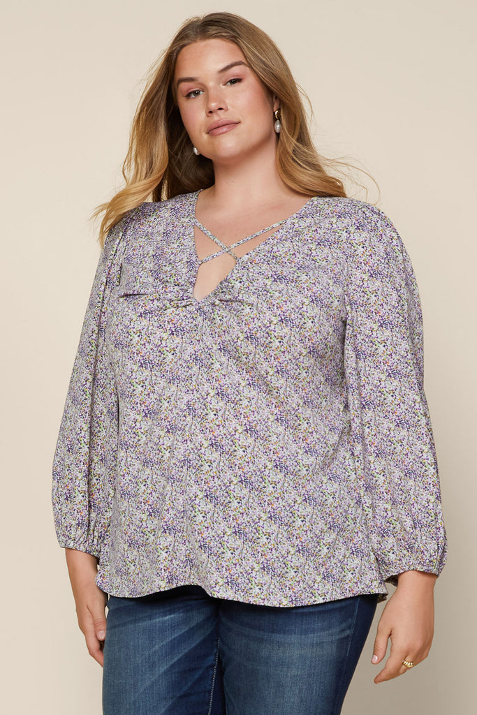 Plus Size - Floral Crisscross Strap Blouse