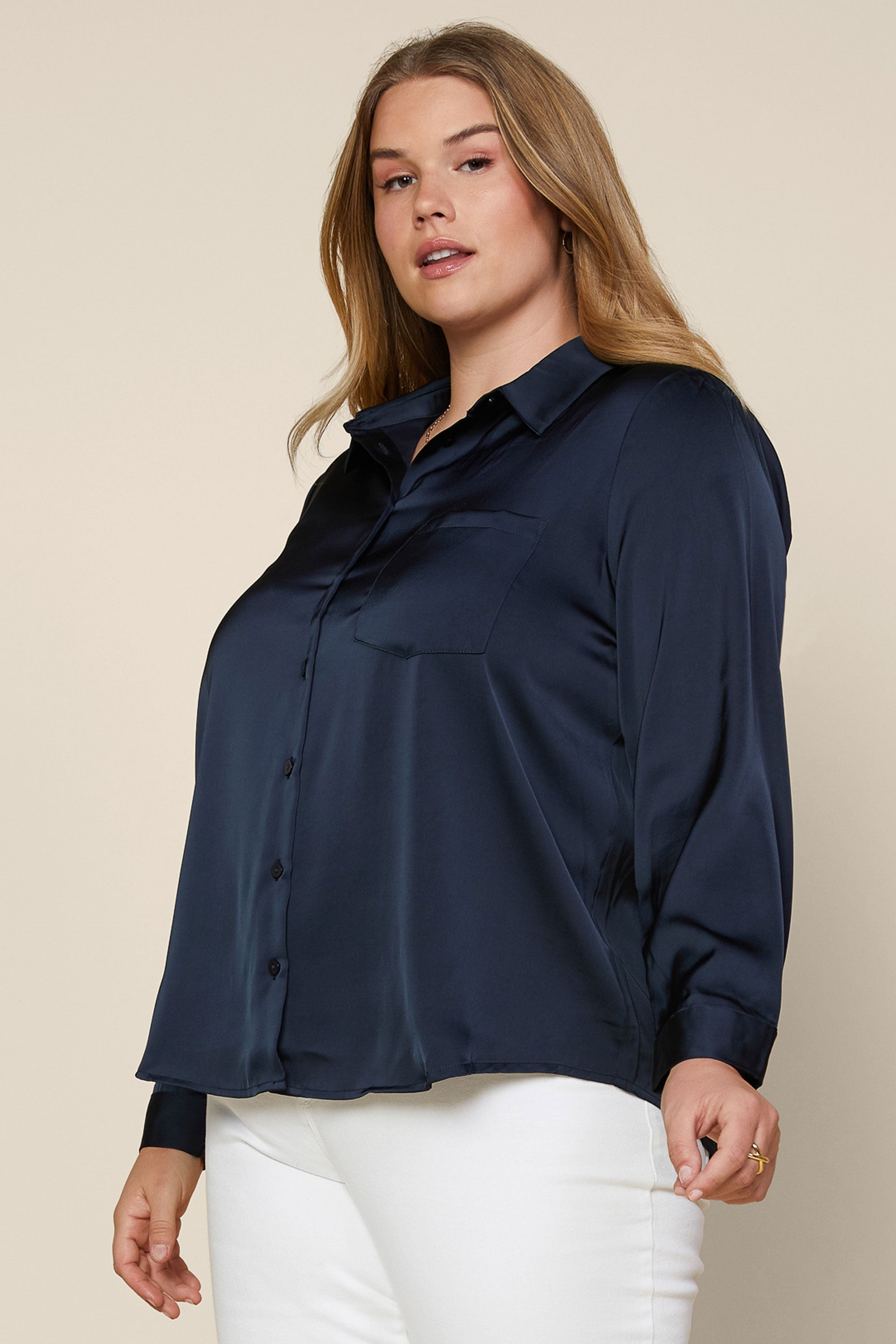 Plus Size - Satin Button Down Shirt – BLUE