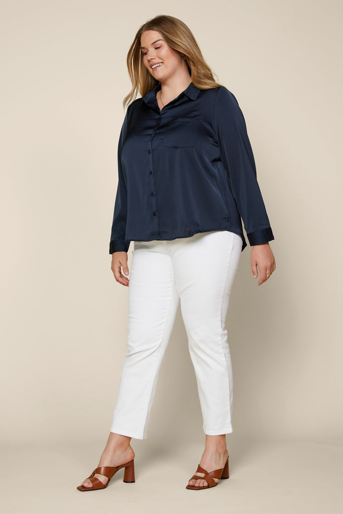 Plus Size - Satin Button Down Shirt