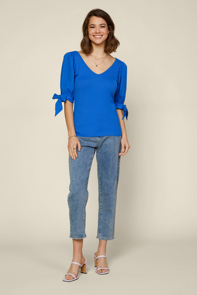 Sleeve Tie Ribbed Top