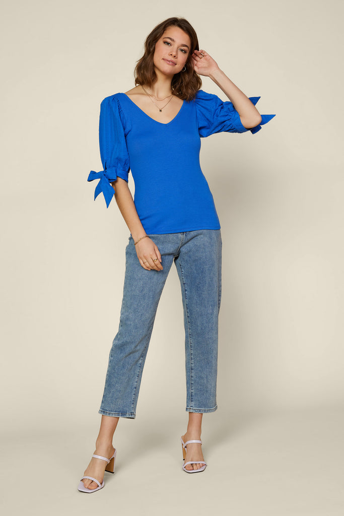 Sleeve Tie Ribbed Top