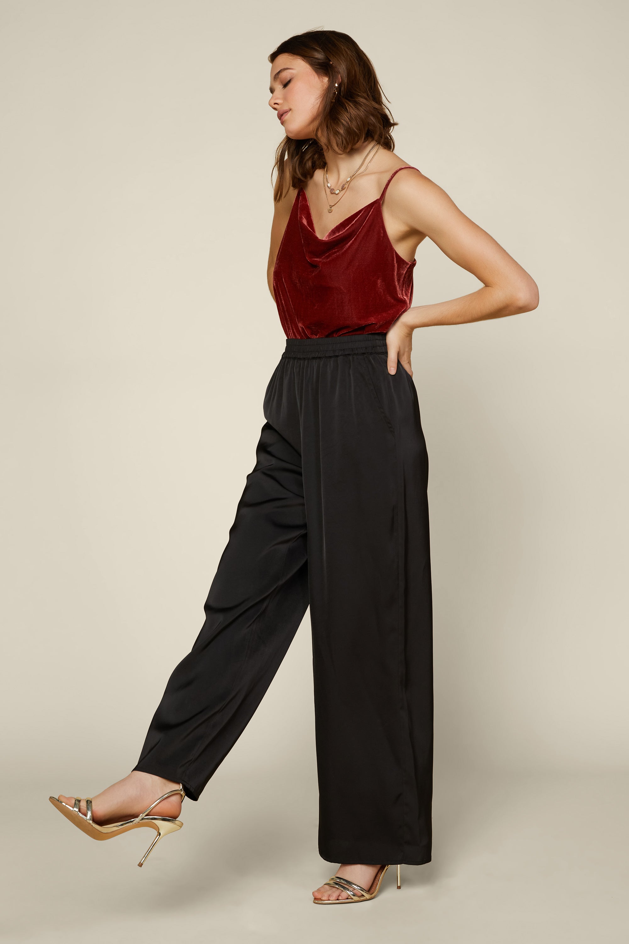 Crinkled Wide Leg Satin Pants Blue | Dynamite