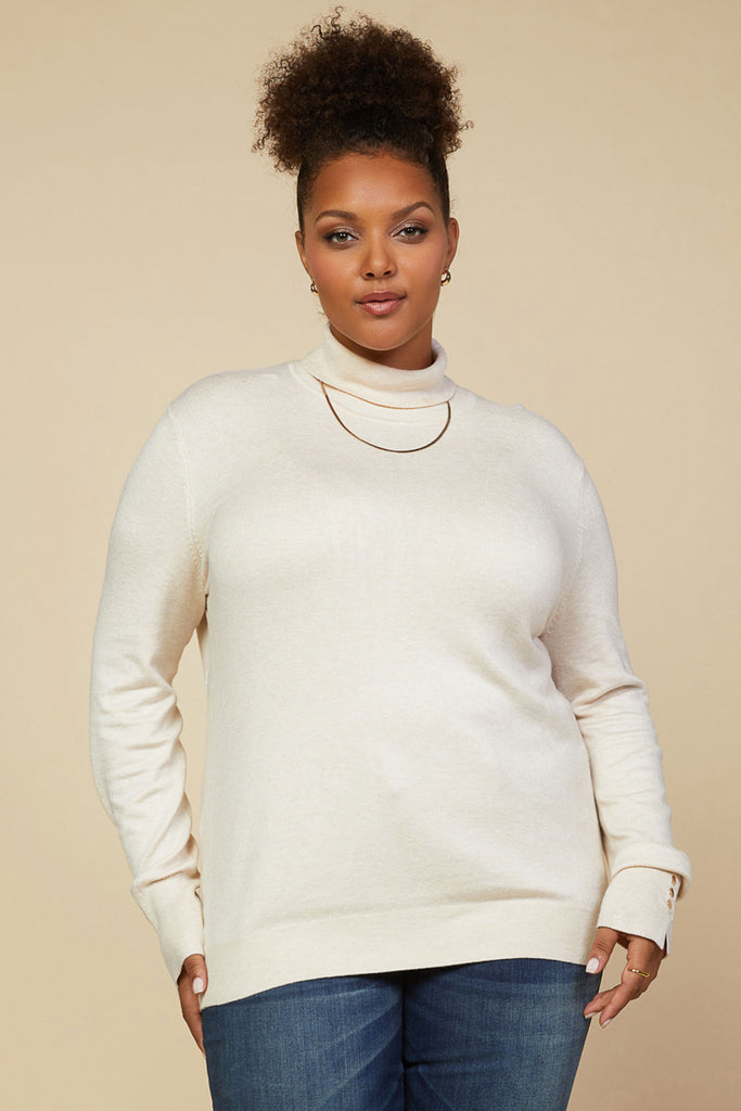 Plus Size - Button Detail Turtleneck Sweater