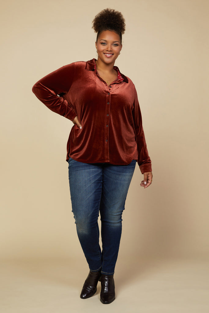 Plus Size - Velvet Button Down Top