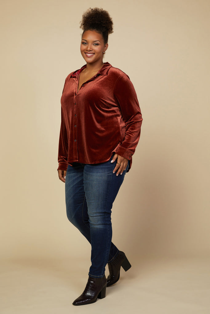 Plus Size - Velvet Button Down Top