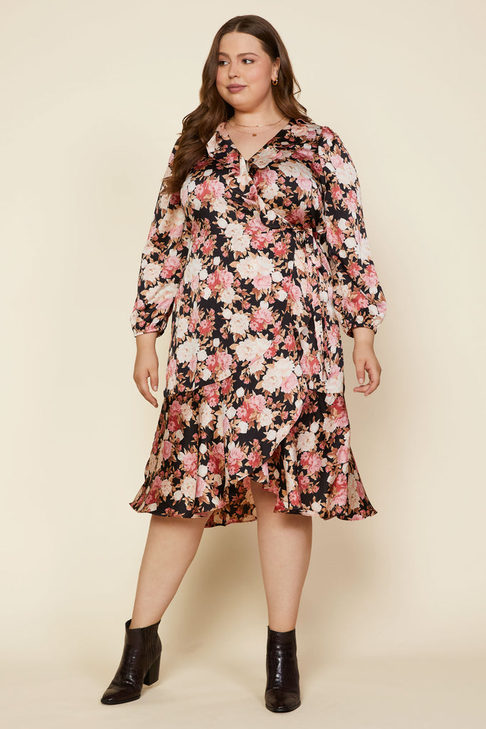 Plus Size - Floral Long Sleeve Dress