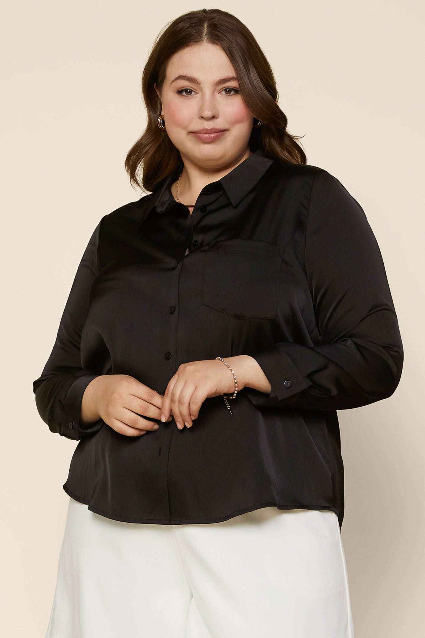 plus size black button down