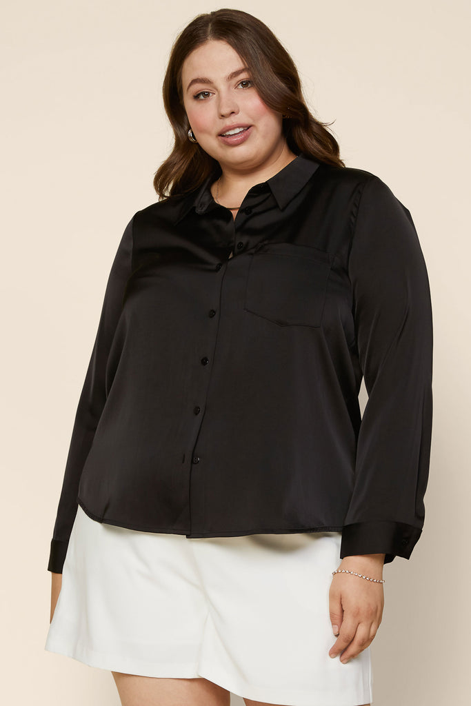 Plus Size - Satin Button Down Shirt
