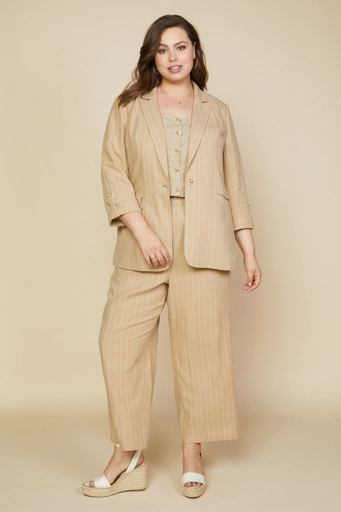 Plus Size - Linen Pinstripe Cuffed Blazer