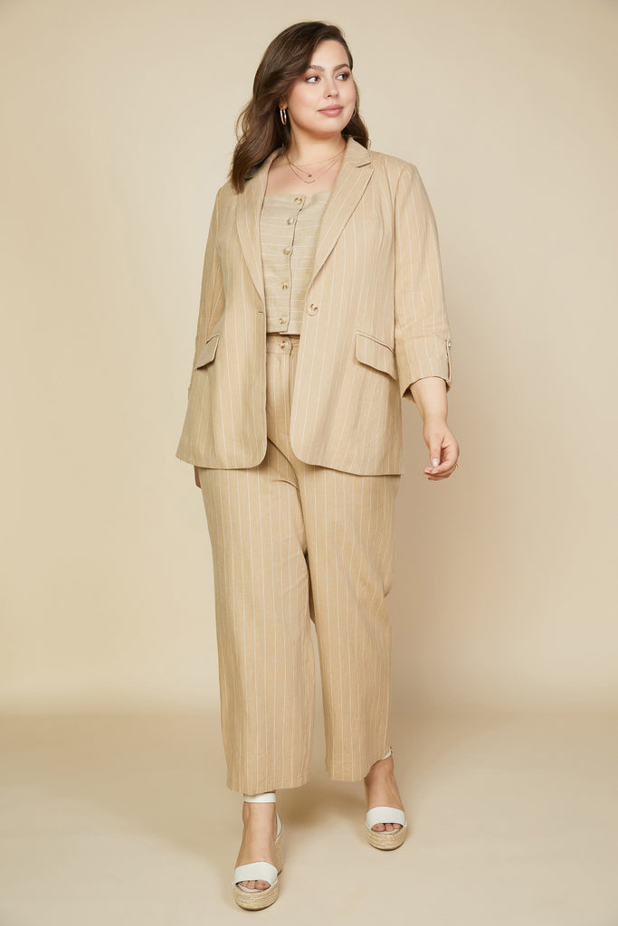 Plus Size - Linen Pinstripe Cuffed Blazer