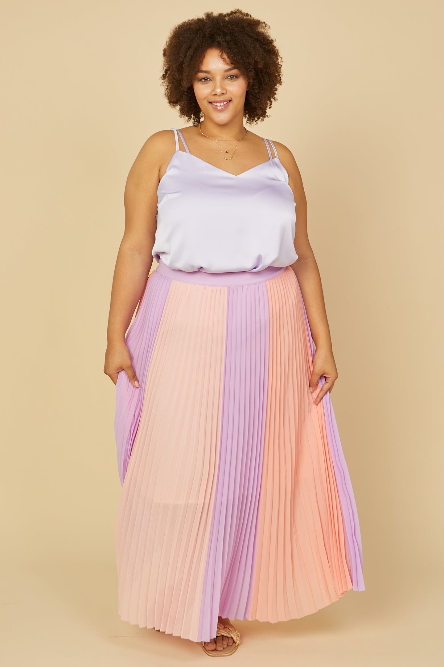 Plus Size - Color Block Pleated Skirt