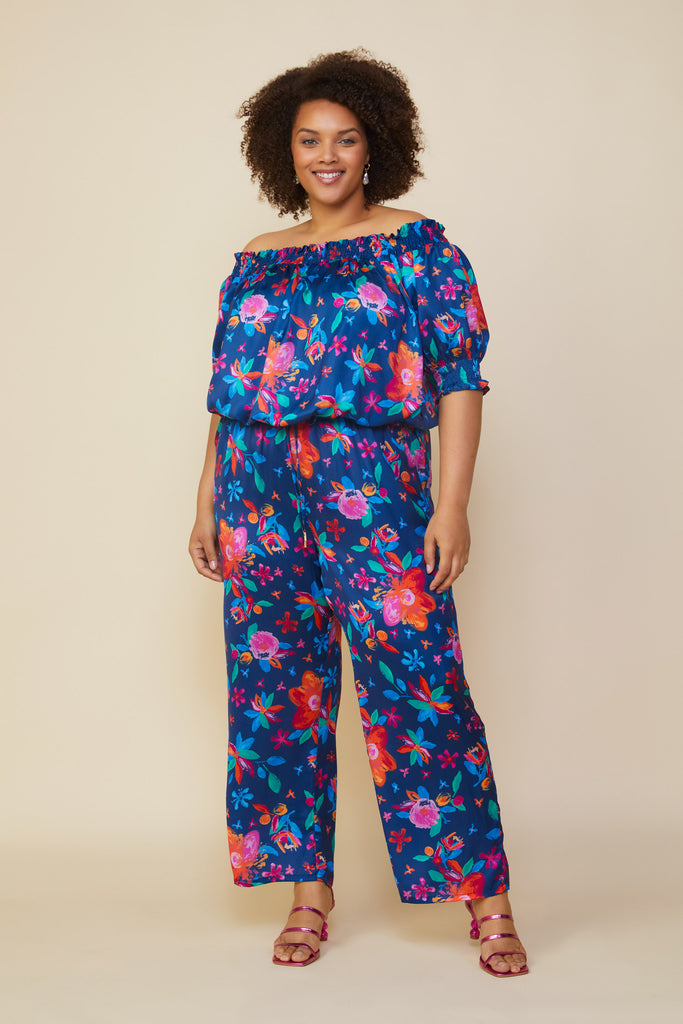 Plus Size - Aquatic Floral Elastic Waist Pants