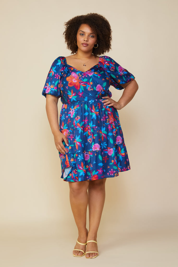 Plus Size - Aquatic Floral Surplice Short Dress
