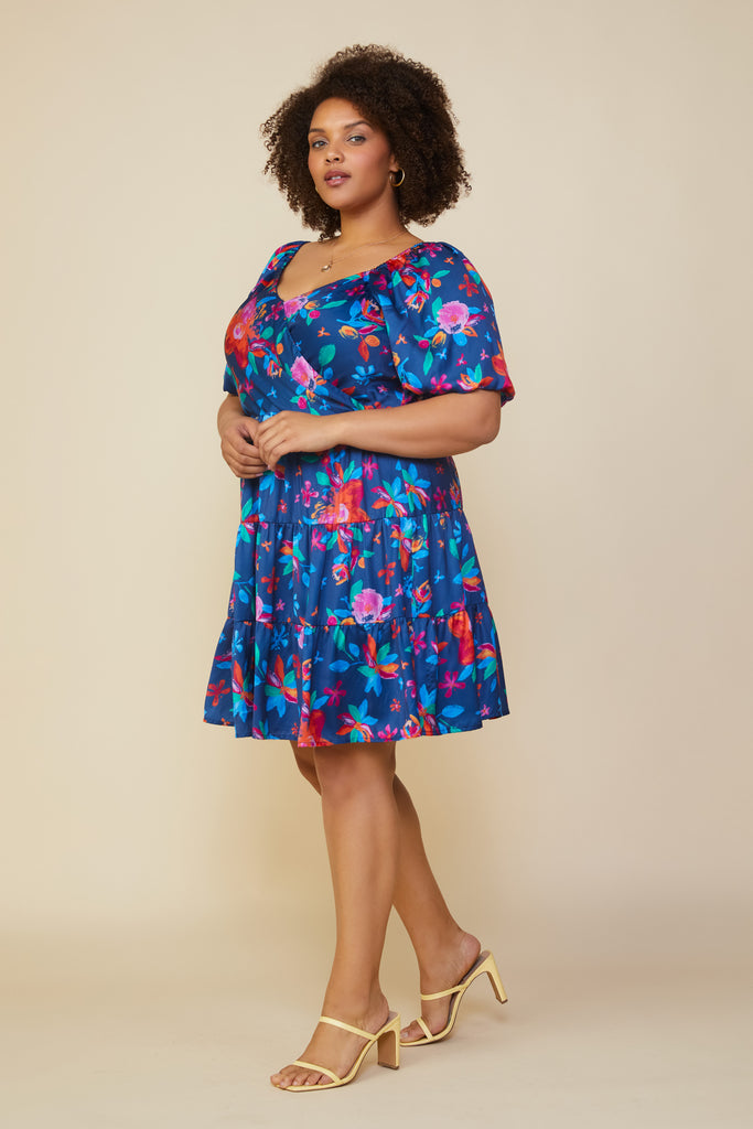 Plus Size - Aquatic Floral Surplice Short Dress